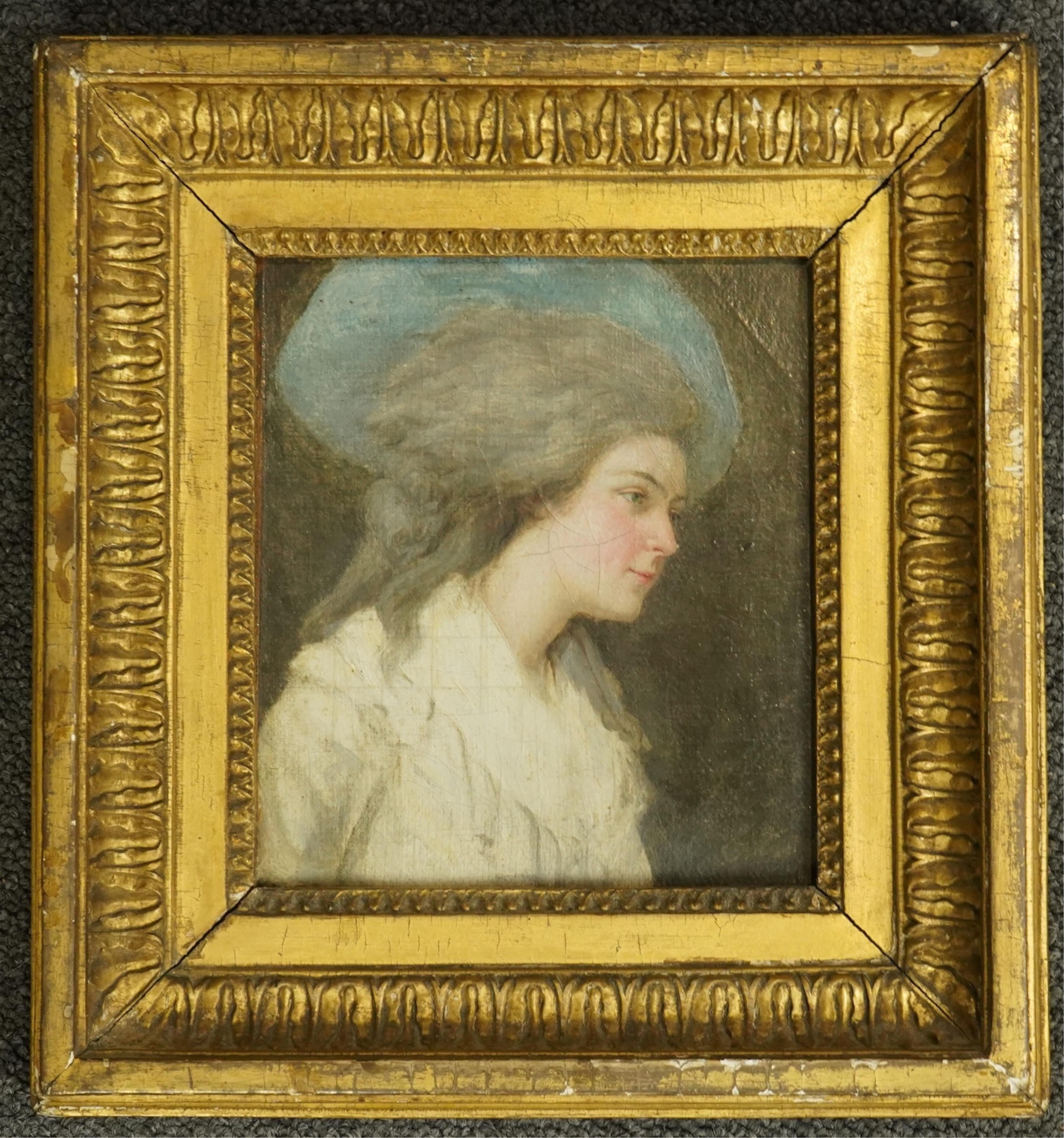 Manner of George Romney (British, 1734-1802), Study for a portrait of a lady wearing a blue hat, oil on canvas, 16 x 14cm